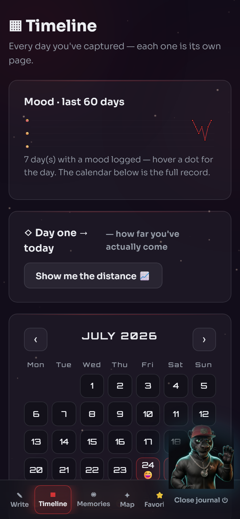 The timeline — your mood charted over 60 days and every day you've captured on a calendar